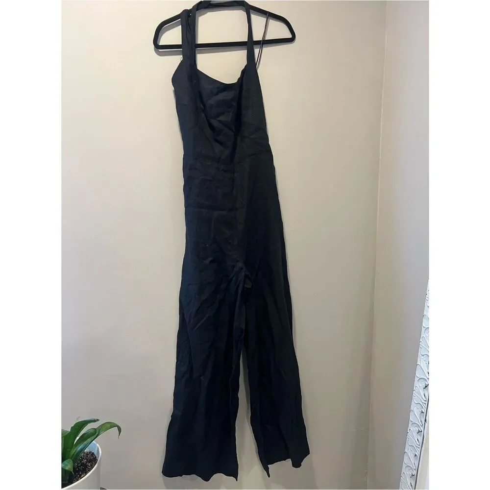 Reformation Malika Linen Black Halter Wide-Leg Jumpsuit with Square Neck Size 10